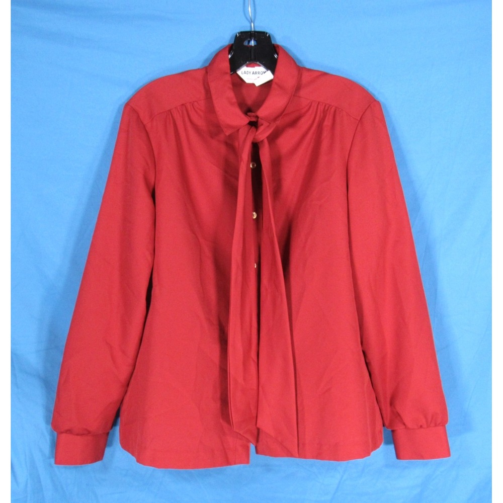 VTG LADY ARROW Rust Red SILKY GEORGETTE Tie Collar/Belt BUTTON-UP Shirt/Top 14